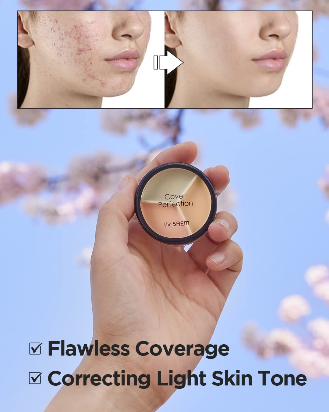 THESAEM Cover Perfection Triple Pot Concealer 03 Correct Up Beige - for Fair to Light Skin Tone - 3 Color Full Coverage Concealer - Covers Blemishes Spots, Dark Circles, Redness Skin