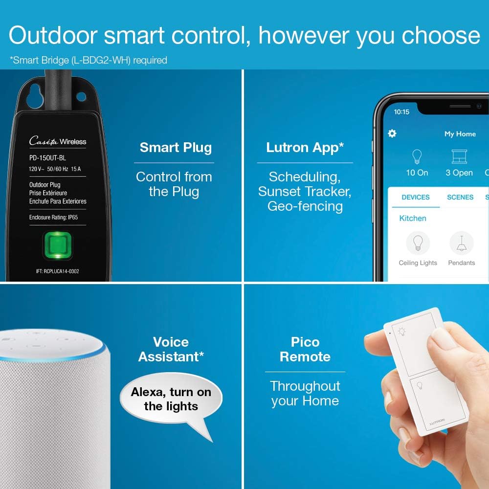 Lutron Smart Outdoor Plug for Caseta Smart Lighting, for Summer, Patio, Backyard, and Outdoor Lights, & Motors, 15A LED Fixtures & 1/2 HP Motors, PD-15OUT-BL-2, 2 Pack, Black