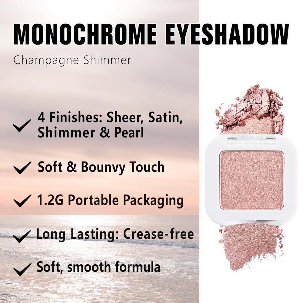 evpct Dusty Pink Champagne Single Eyeshadow Palette, Rose Gold Ice Pink Nude Glitter Cream Eye shadow Palette Singles Brightener Makeup for Older Women, High Pigment Waterproof Monochrome Eyeshadow