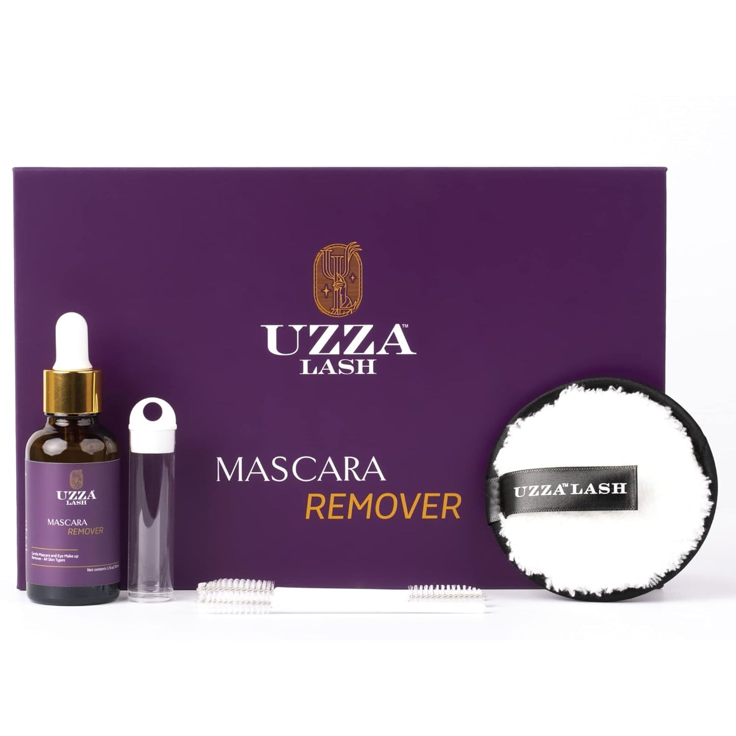 UZZA Lash Eye Makeup Remover - Waterproof Mascara Remover for Sensitive Eyes - Natural Make up Remover - Hygienic Kit Includes Eyelash Brush, Reusable Pads, Cleanser Liquid 1oz