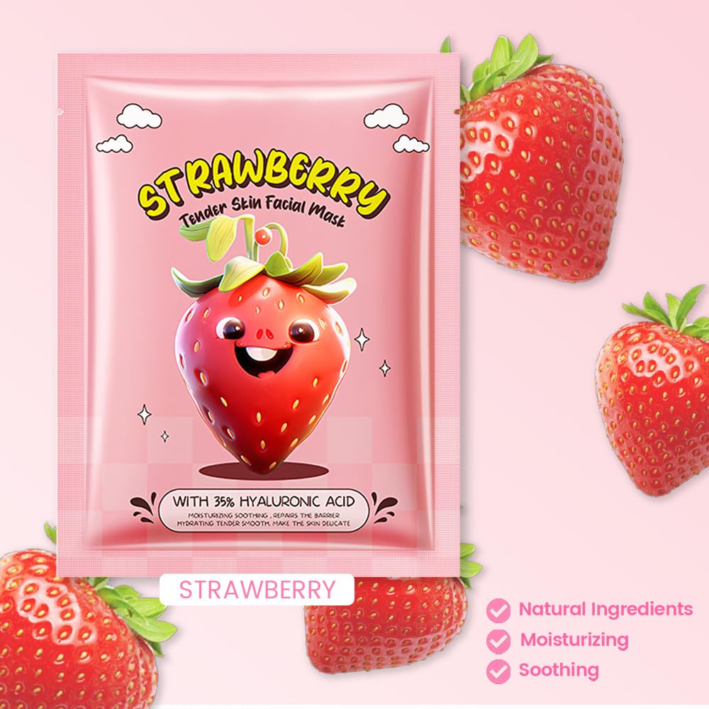 8 Pack Strawberry Kids Face Mask,Pink Face Masks Skincare Spa Day Kit Supplies,Spa Party Favors for Teens Girls Women,Sheet Facial Mask Skincare Gifts Set,Moisturize Soothe for All Skin Types
