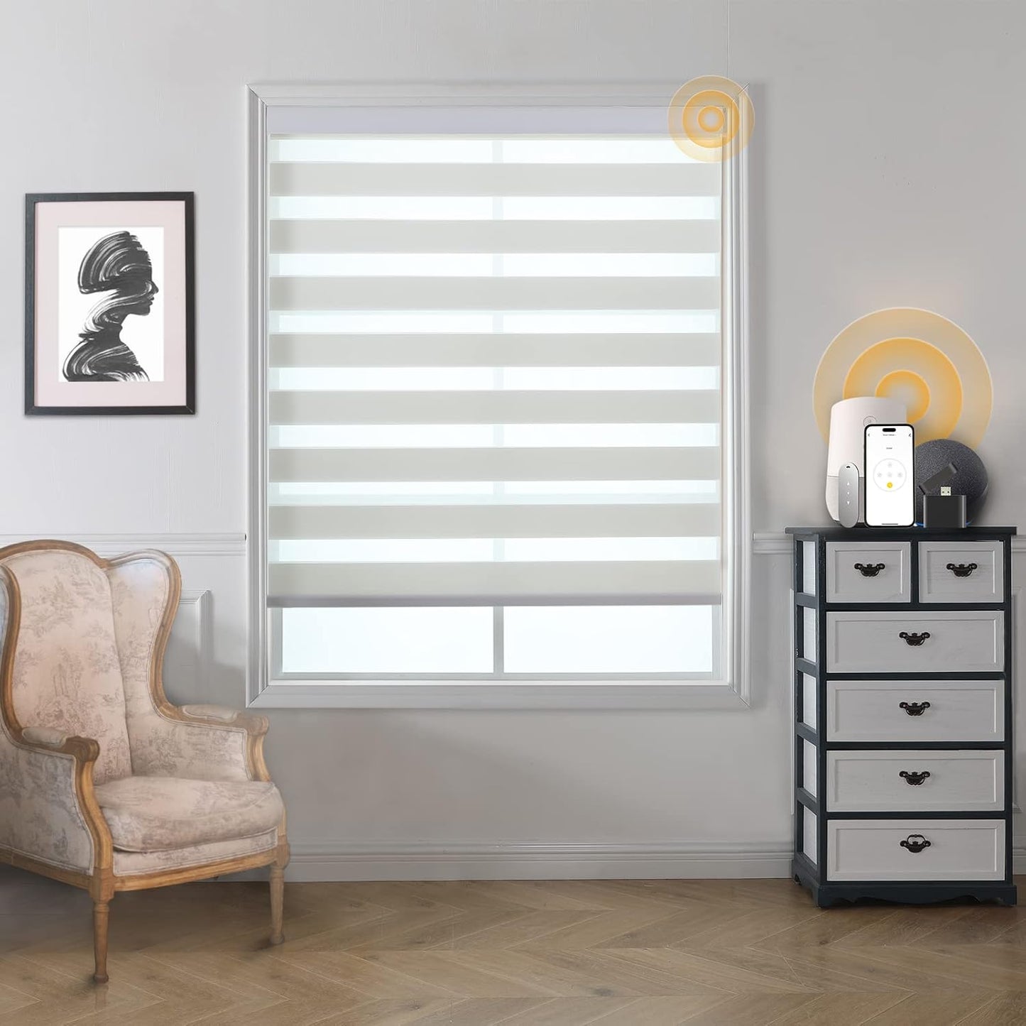 Motorized Blinds with Remote, Cordless Automatic Zebra Shades, Smart Blind for Windows, White, 33 x 72