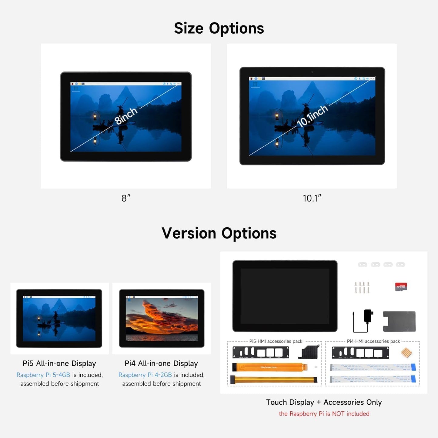 Industrial HMI All-in-one 8inch Touch Display Compatible with Raspberry Pi 5 (Included), Supports Dual 4K HDMI Output, 10-Point Touch, Aluminum Alloy Case (PI5-HMI-080D)