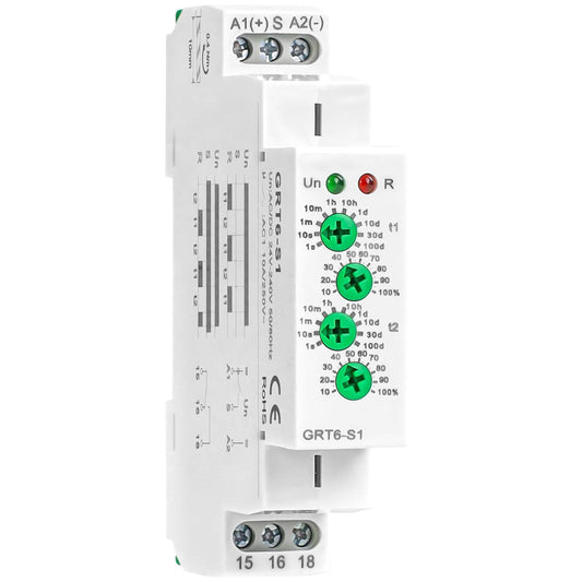 Asymmetric Cycle Timer Relay 1SPDT AC 24V 240V 10A Long or Short Period Repeat Cycle Tntermittent Timer Electronic Relay in Din Rail (GRT6-S1 AC DC 24-240V)