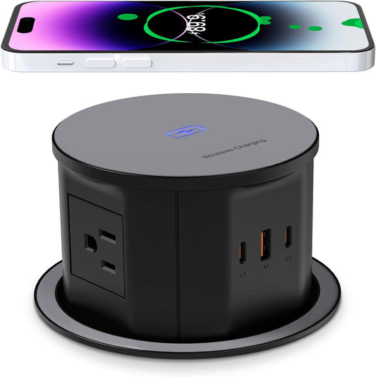 ANNQUAN 4.75" Pop Up Outlet with 65W USB-C,15W Wireless Charger,4 Outlets,3 USB Ports,Pop Up Countertop Receptacle Outlet for Home Office Kitchen
