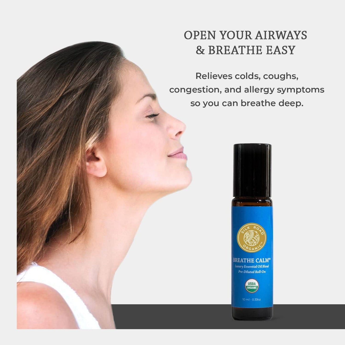 Silk Road Organic Breathe Calm Essential Oil Breathe Easy Blend Roll On, 100% Pure USDA Certified Aromatherapy for Cold, Cough, Congestion, Allergy Relief, & Wellness - 10 ml Roller