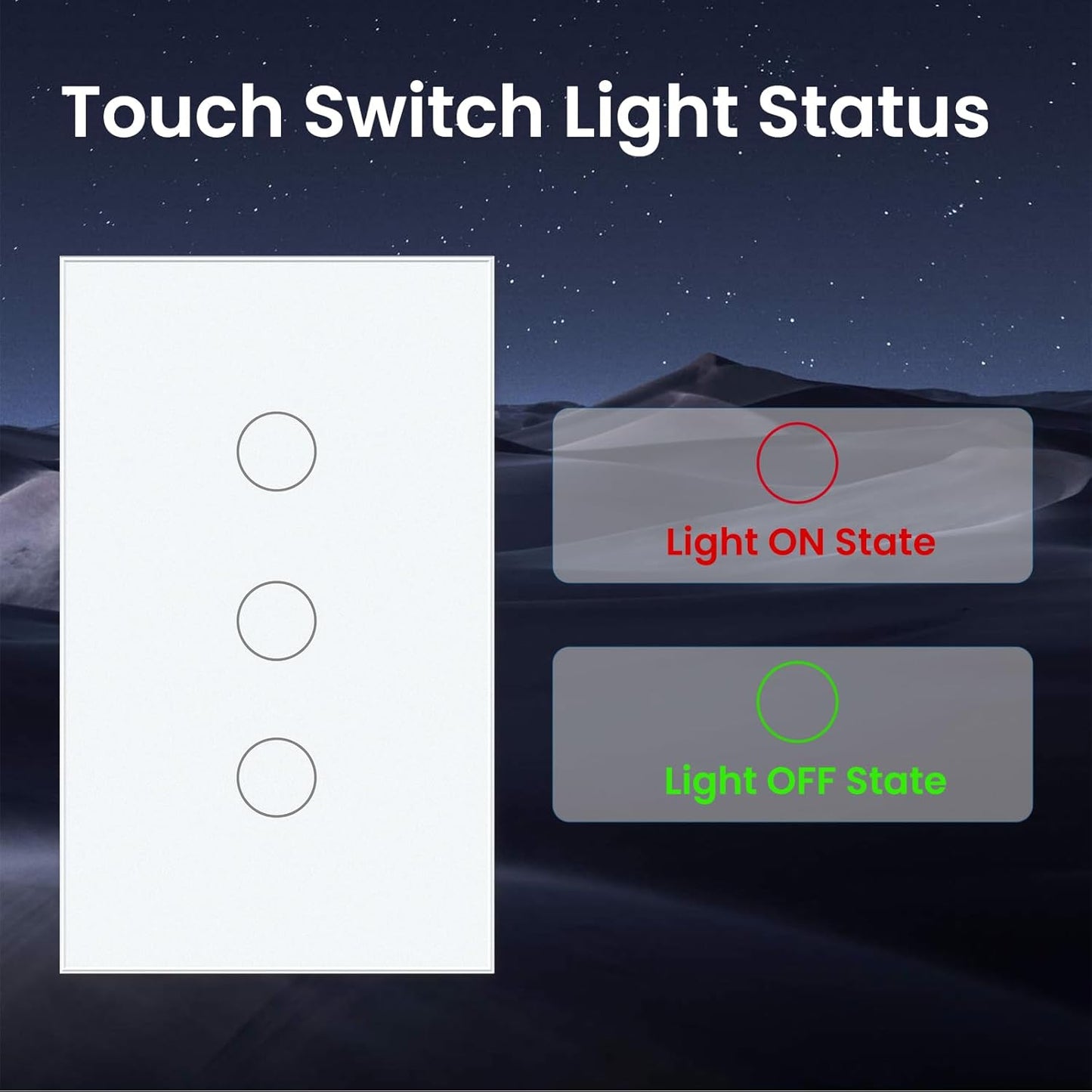 2 Way Light Switch 118X72X34MM No Neutral Wire, Wall Touch Switch 1000W, Tempered Glass Panel, FCC, White 3 Gang