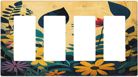 Abstract Minimalist Floral Botanical Boho Flower 4 Gang Wall Plates Outlet Covers Quad Rocker Light Switch Cover Plate Decorative Switch Plates GFCI Electrical Faceplate 4.5 X 8 IN
