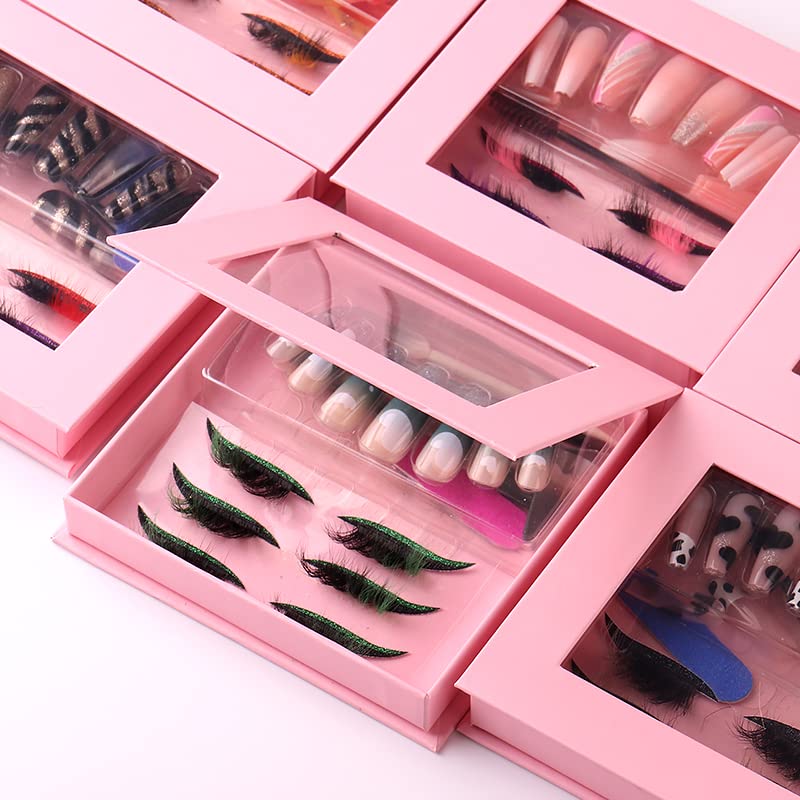 HBZGTLAD 3 in1 color eyeline Press On Nail with Eyelash Packing Boxes Set Package Pink White DIY Lashes and Nail Suit Box 1set… (SET-51)