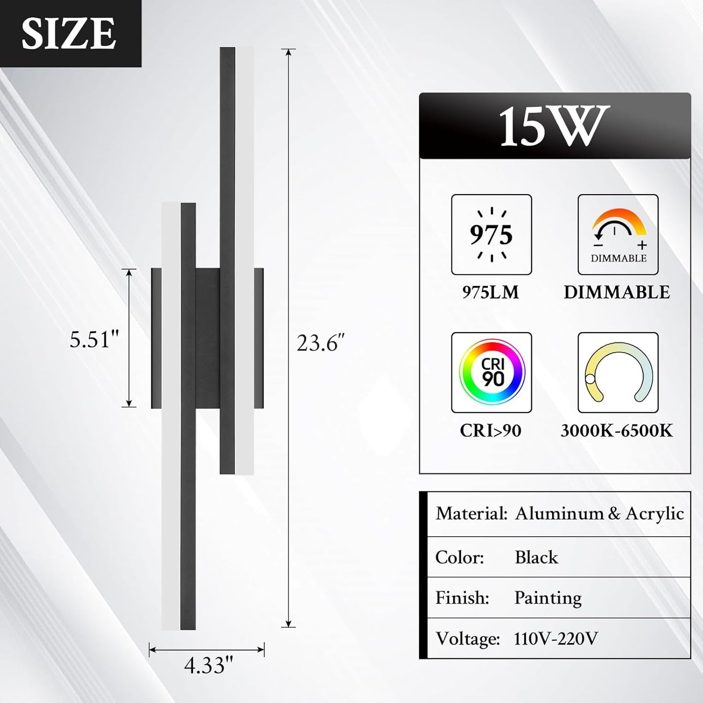 LED Wall Sconce Set of 2 Black Remote Modern LED Vanity Lights Set of 2 Indoor Wall Light Fixtures for Living Room, Dimmable Wall Sconce for Bedside Bedroom Bathroom, 23.6inch 2 Pack
