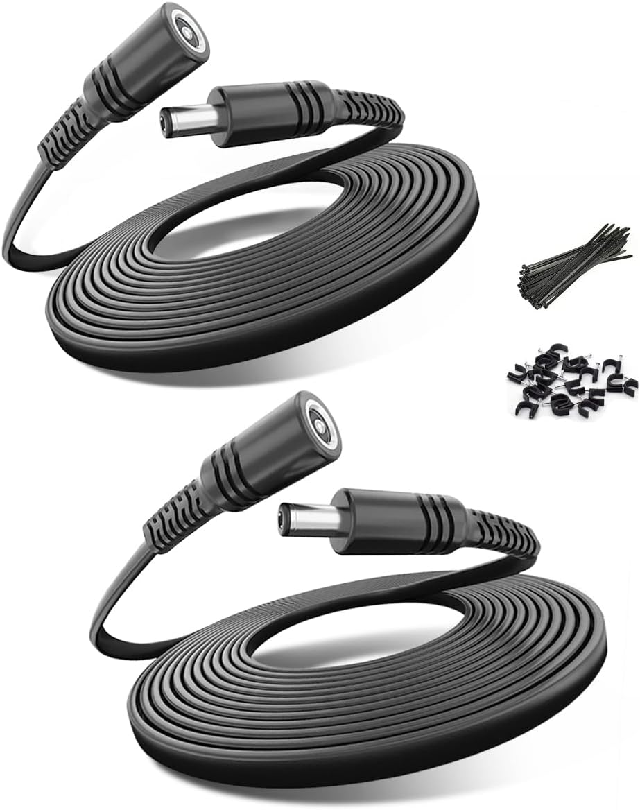 Basesailor 12V DC Power Extension Cable 30ft 2 Pack,9V 24V 5.5mm x 2.1mm 5521 Supply Adapter Plug Long Flat Extender Cord,Female to Male for CCTV Security Camera,LED Strip,Router,IP Network Cam,DVRs
