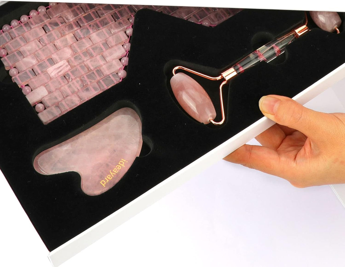 Rose Quartz Eye Mask & Face Roller and Gua Sha 3-in-1, Real Natural AAA Rose Quartz for Skin Care SPA Facial