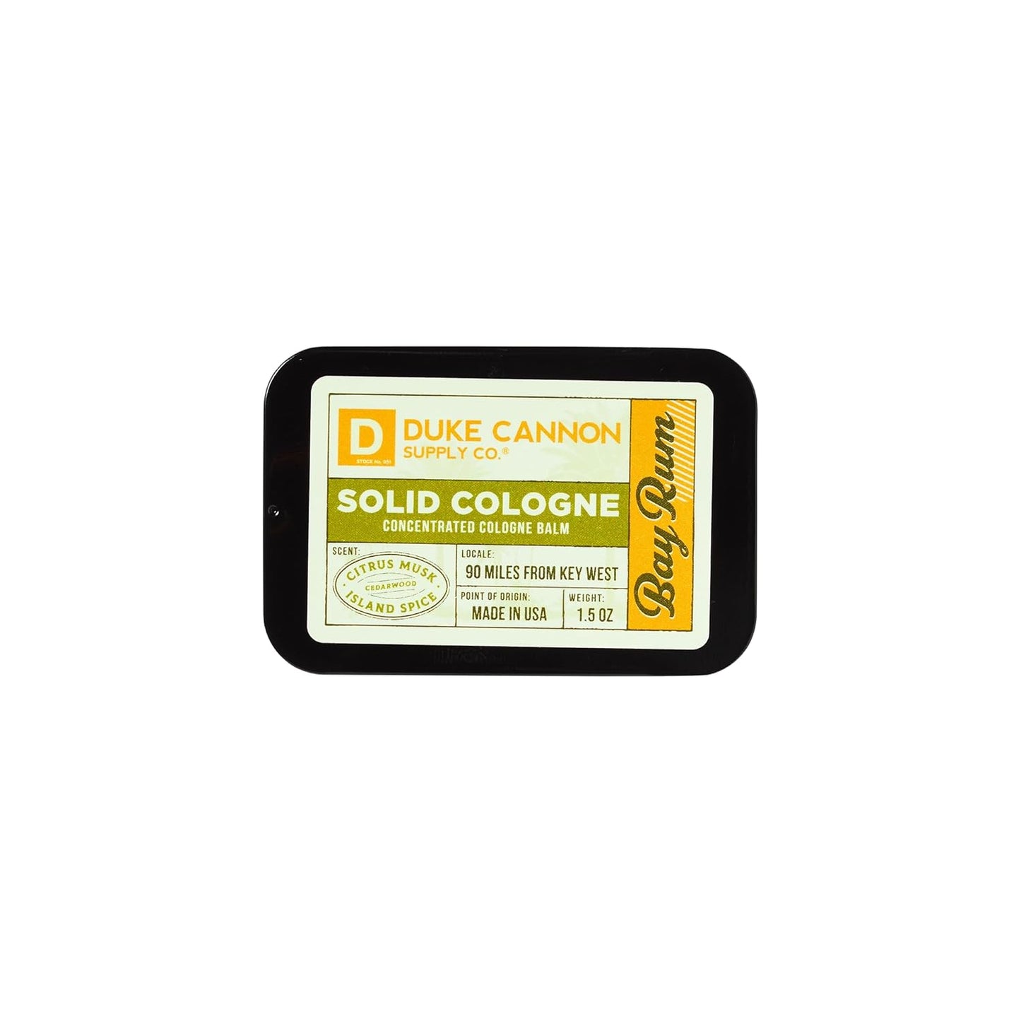 Duke Cannon Supply Co. Solid Cologne for Men Bay Rum (Citrus Musk, Cedarwood, Island Spice) - Concentrated Balm, Travel-Friendly Convenient Tin, 1.5 oz
