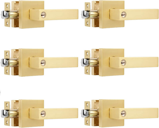 6 Pack Heavy Duty Square Brass Keyed Alike Entry Door Knobs, Locked Inside with Button Exterior/Interior Golden Door Handle Lever with 3 Universal Keys