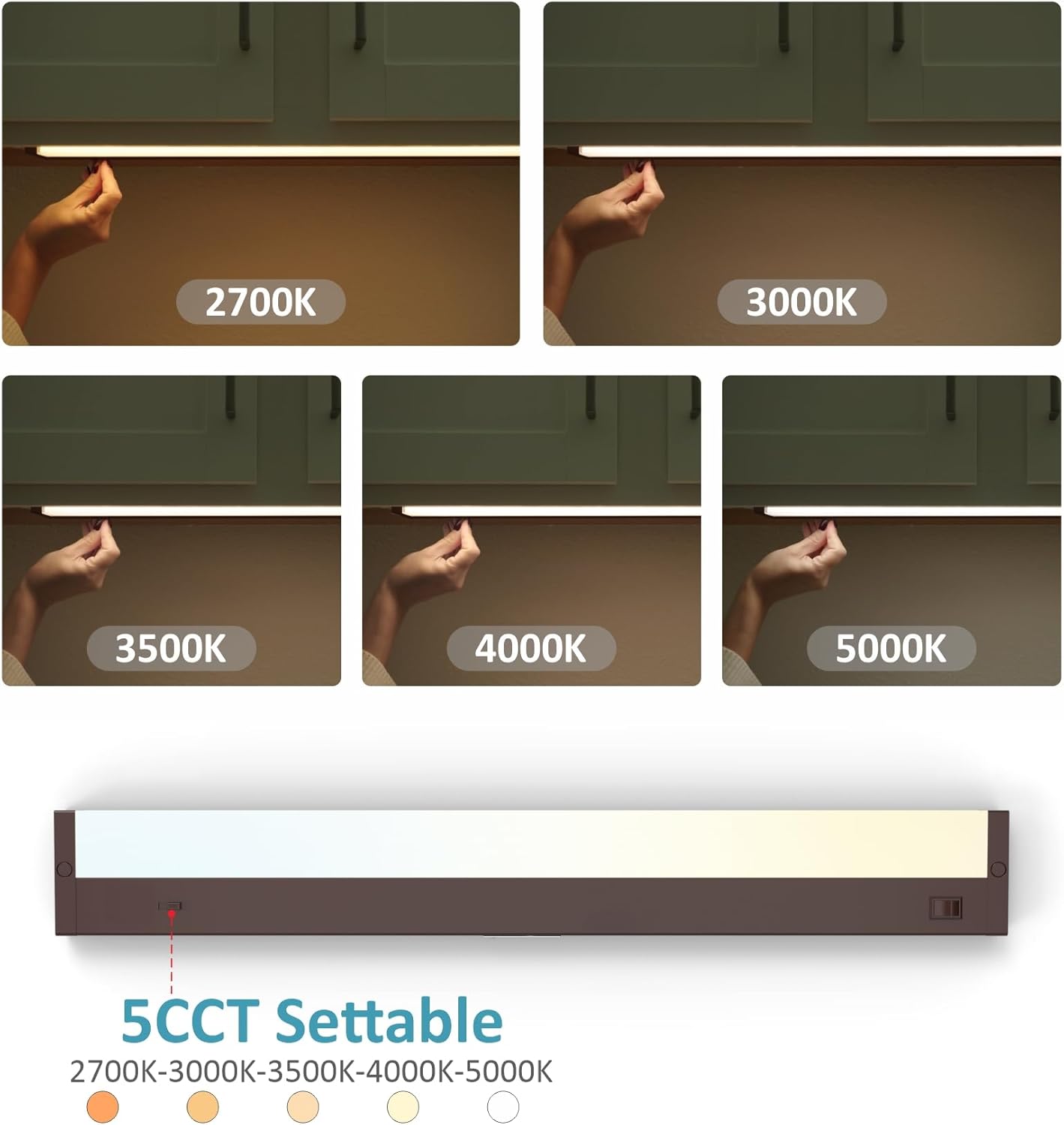LED Under Cabinet Lighting Hardwired or Plug in, 16 Inch 8W, Dimmable 5 Color 2700K/3000K/3500K/4000K/5000K, Linkable Eyes Care Design Counter Lights for Kitchen, Sink, ETL Listed, Bronze