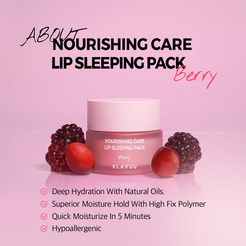 Klavuu Lip Mask Sleeping Pack (0.7oz) – Overnight Deep Hydrating Korean Lip Balm Treatment for Very Dry, Chapped Lips | Lip Lightening & Plumping with Instant Hydration | Gentle Exfoliating (Berry)