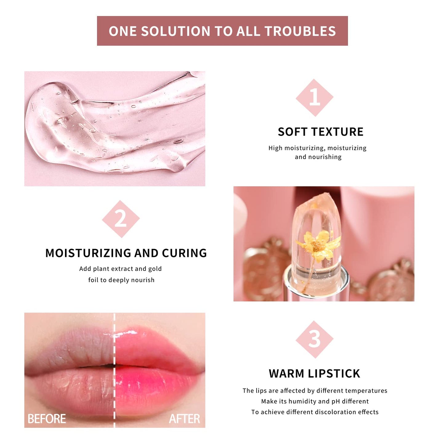 6 Pcs/Set Flower Jelly Lipstick Set Temperature Change Moisturizer Long Lasting Nutritious Shimmer Lip Balm Magic Color Change Lip Gloss (Color Changing Lipstick Set B)