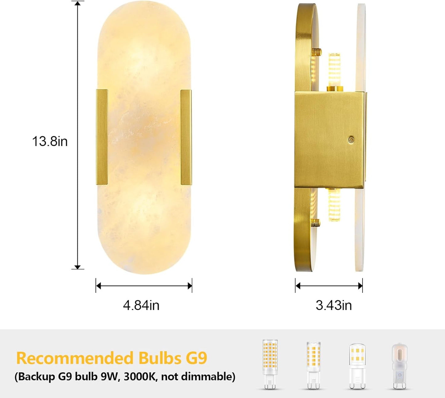 Brass Alabaster Wall Sconce, Modern Natural Marble Wall Sconces for Indoor Lighting, 13.8 in Gold Wall Lights for Bathroom Dining Room Stairs Bedroom (1-Pack)