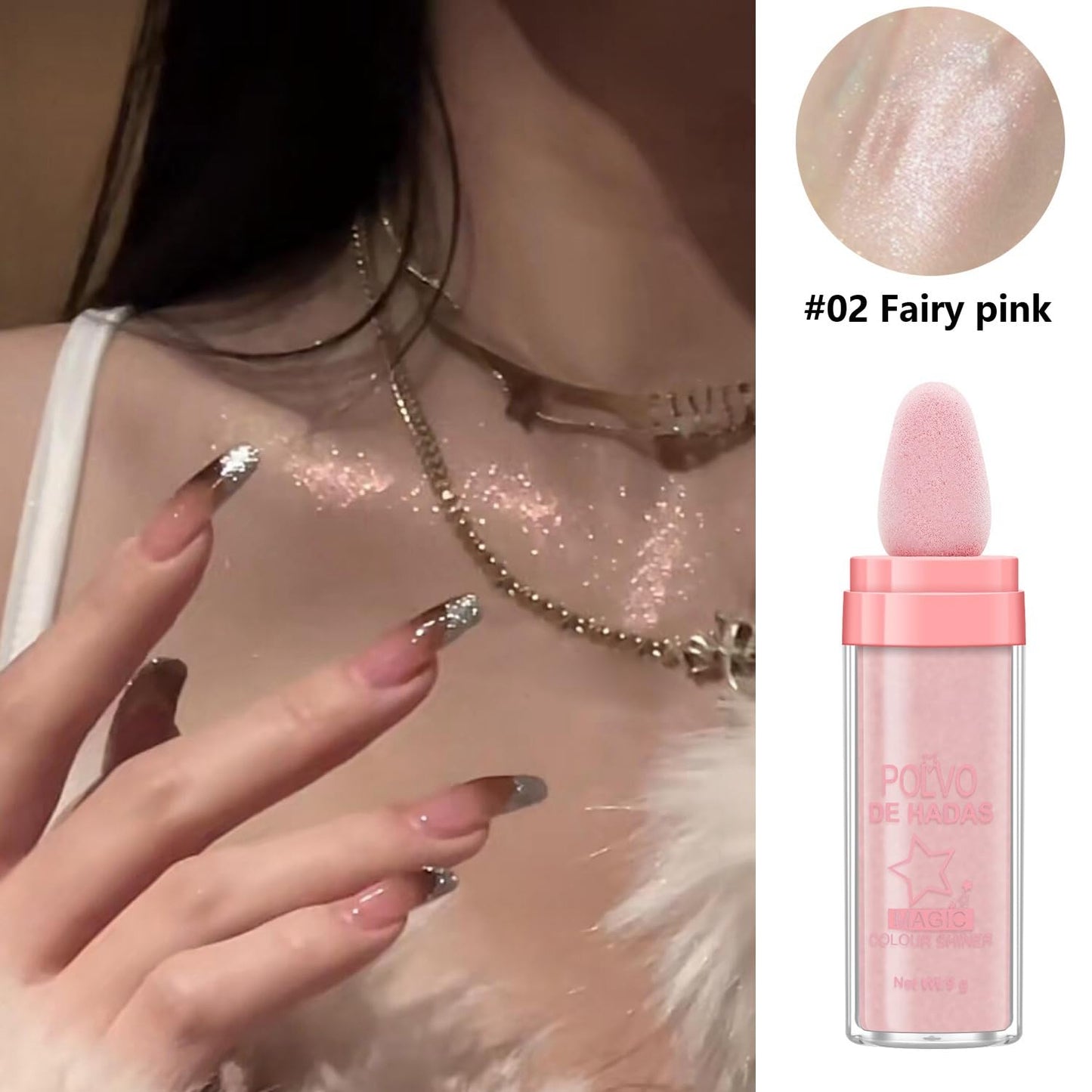 Polvo De Hadas Fairy Dust Highlight Patting Powder - Full Body Contouring and Clavicle Pearlescent Patting Powder for Face and Eye, Halloween Sparkling Body Glitter Powder (#02 Fairy pink)