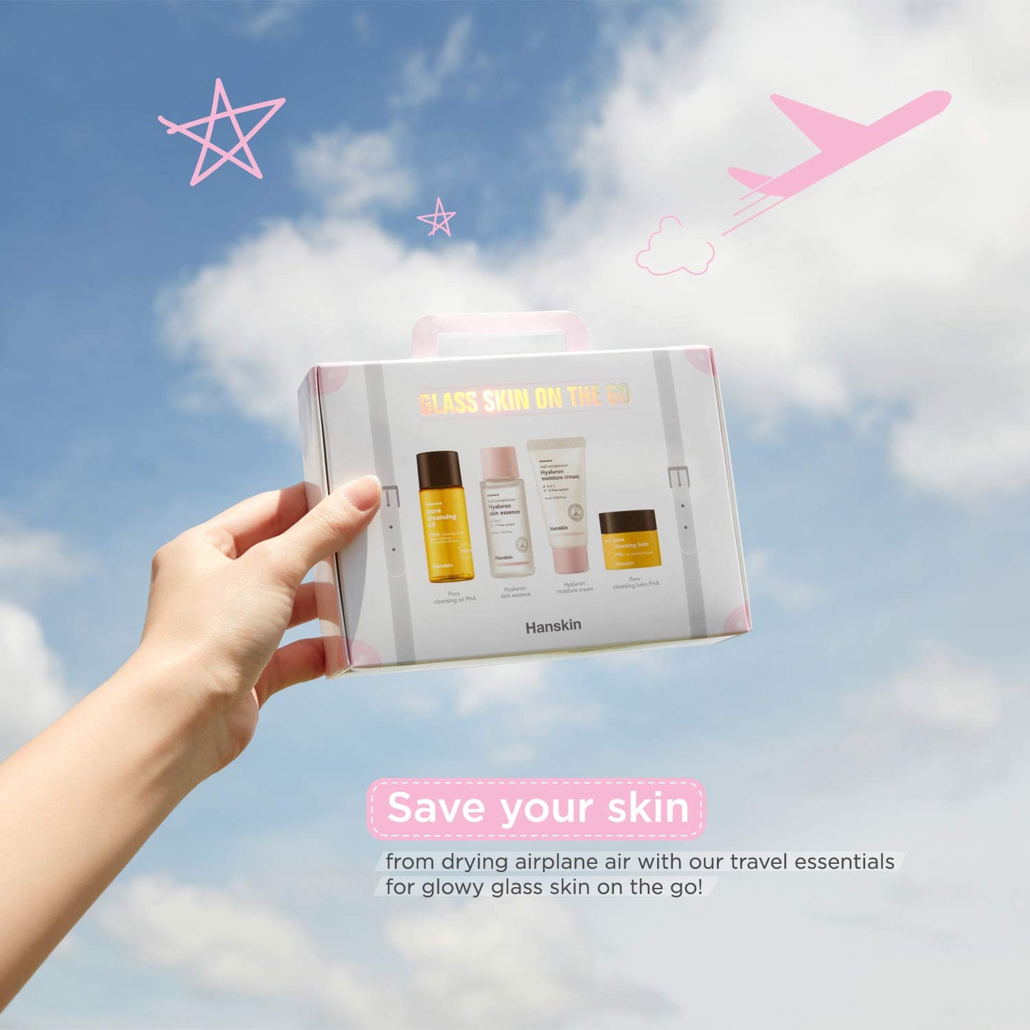Hanskin Glass Skin On The Go Kit, Travel Friendly Hydrating Skincare Set for Glowing Skin, Cleansers, Skin Essence Toner and Moisturizer, Korean Skin Care [Set of 4 / 30 ml each]
