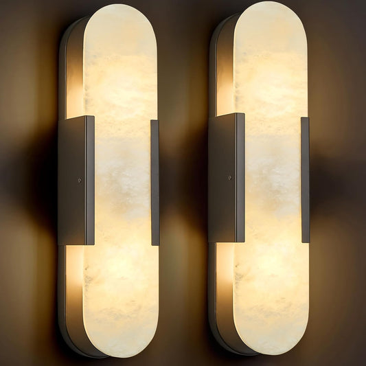 Alabaster Wall Sconces Set of Two, Modern Natural Marble Wall Sconces for Indoor Lighting, 19.7 in Black Wall Lights for Bathroom Dining Room Stairs Bedroom
