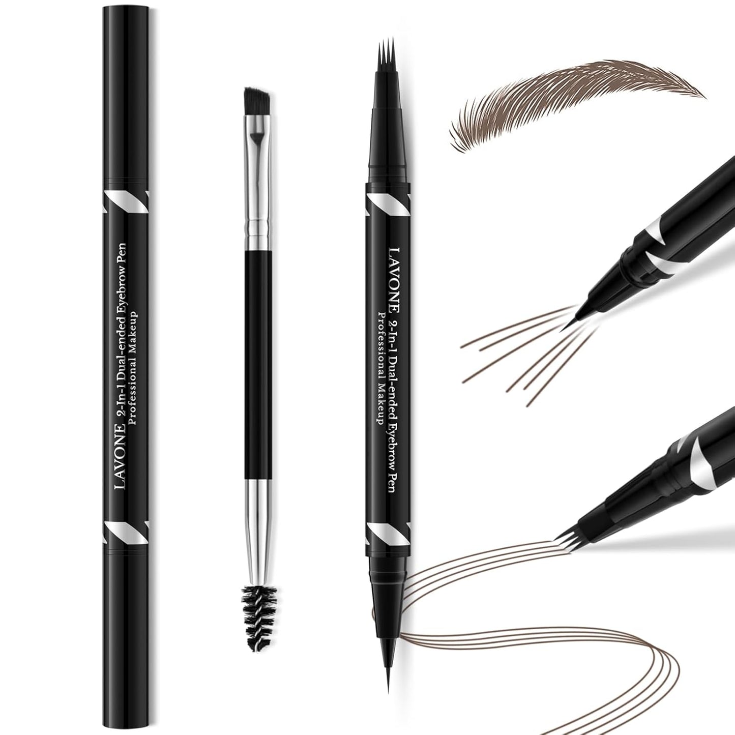 LAVONE 2-IN-1 Dual-ended Waterproof Eyebrow Pencil, with 4 Tip Microblading Pen and Ultra-Precise Brow Pencil, Dual-ended Eyebrow Brush, for Natural Looking Dark Brunette