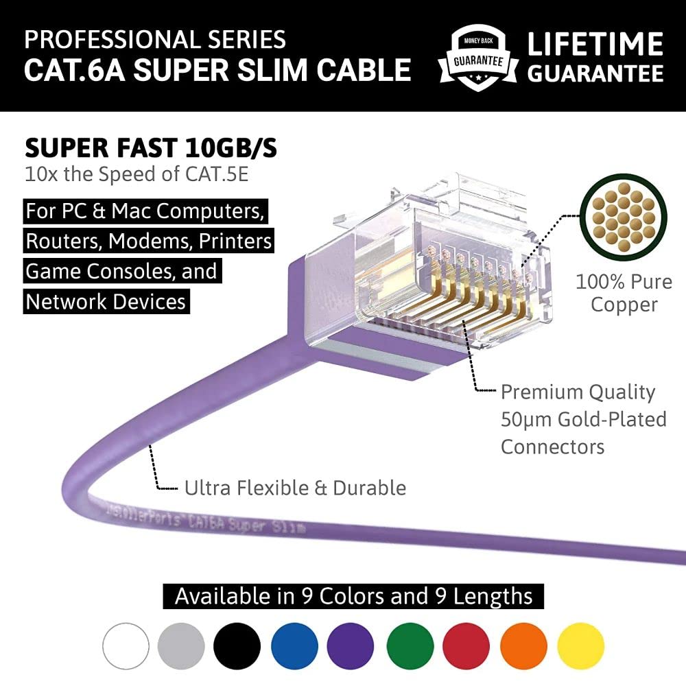 InstallerParts Ethernet Cable CAT6A Super Slim Cable UTP 1 FT (100 Pack) - Purple - Professional Series - 10Gigabit/Sec Network/High Speed Internet Cable, 550MHZ, 32AWG