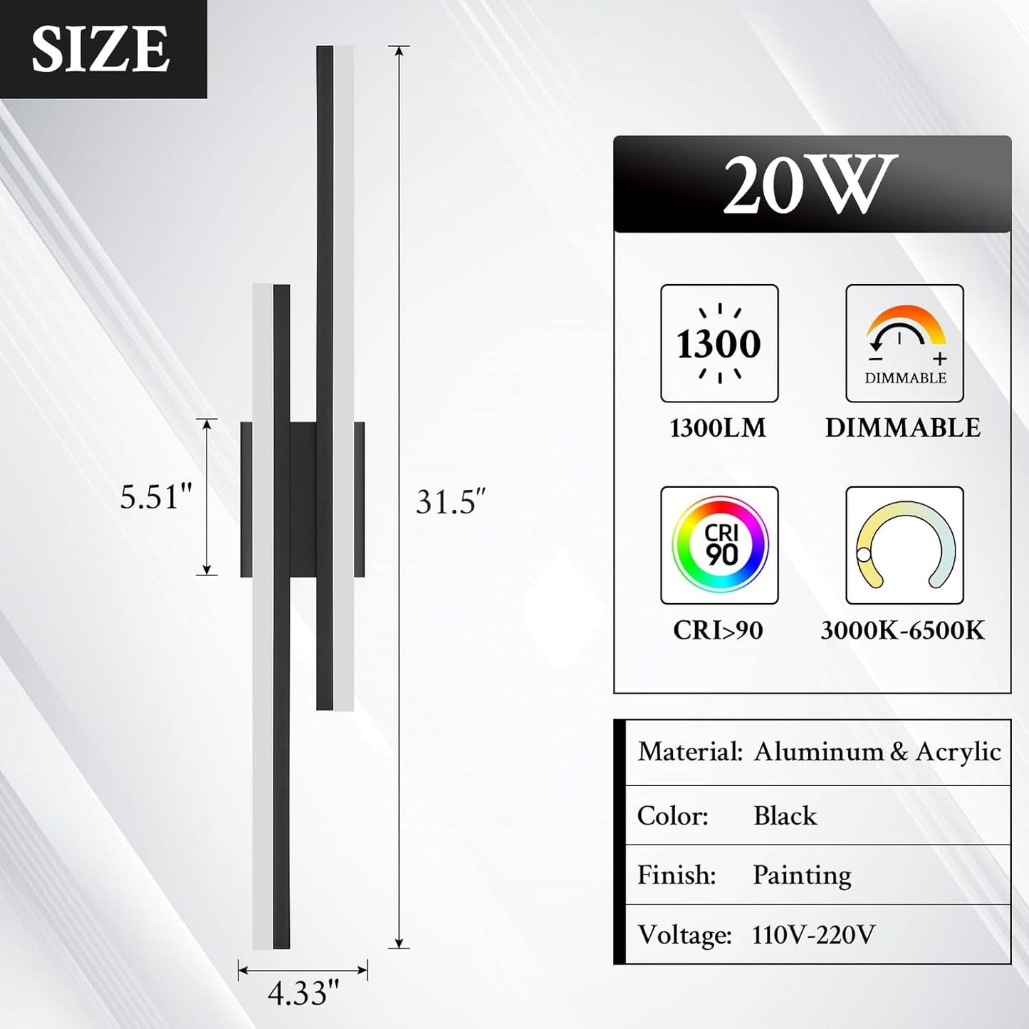 LED Wall Sconce Set of 2 Black Remote Modern LED Vanity Lights Set of 2 Indoor Wall Light Fixtures for Living Room, Dimmable Wall Sconce for Bedside Bedroom Bathroom, 31.5inch 2 Pack