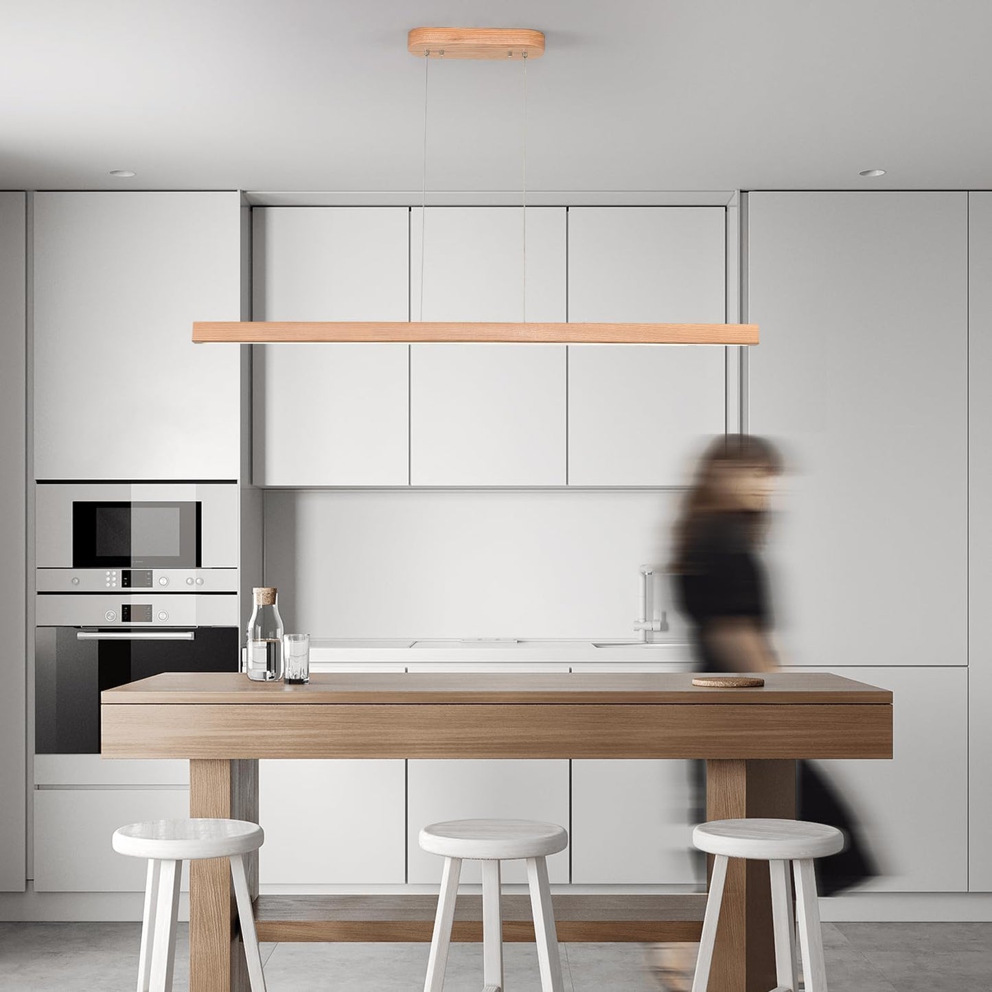 31.5" 18W 1-Light Wooden Led Linear Pendant Light Dimmable Led Ceiling Hanging Light Fixtures Modern Chandeliers for Dining Room Kitchen Island Lights Natural