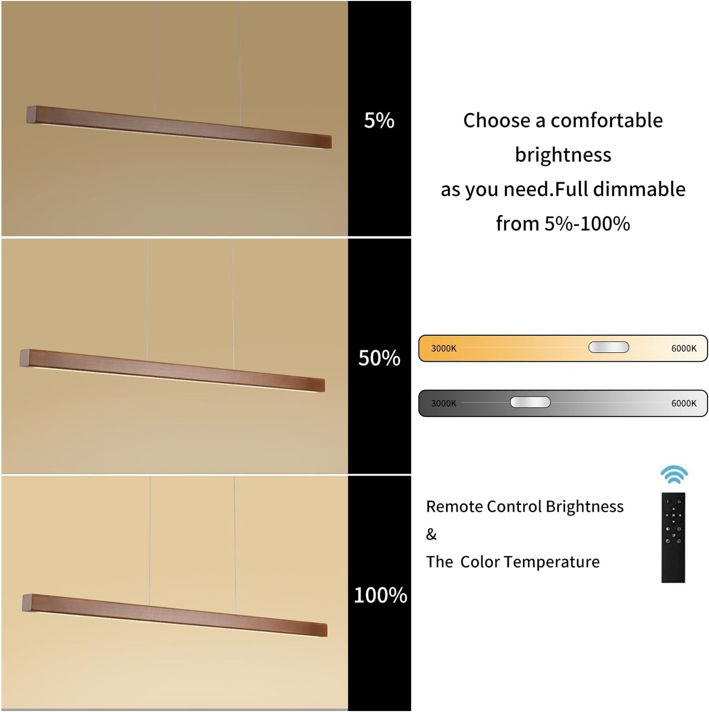 47" Wood Linear Pendant Light Fixtures Modern Led 36w Dimmable Pendant Lighting Ceiling Hanging Lights Wood Linear Chandeliers for Kitchen Island Dining Room Pool Table Walnut Color
