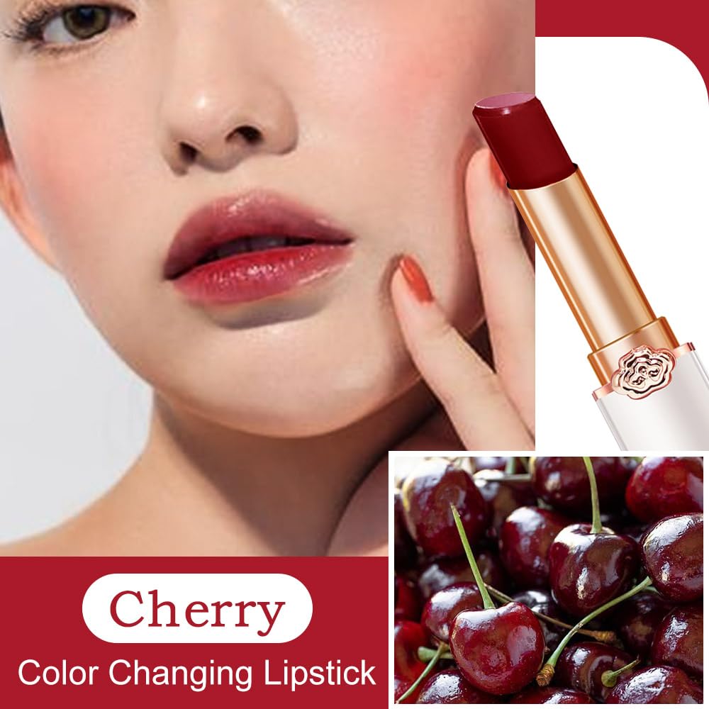 evpct 2Pcs Black Red Cherry Magic Mood Color Changing Lipstick Long Lasting 24 Hours Original for Women, PH Color Change Changing Jelly Lipstick Tinted Lip Balm Gloss Stain Makeup Set labiales magicos