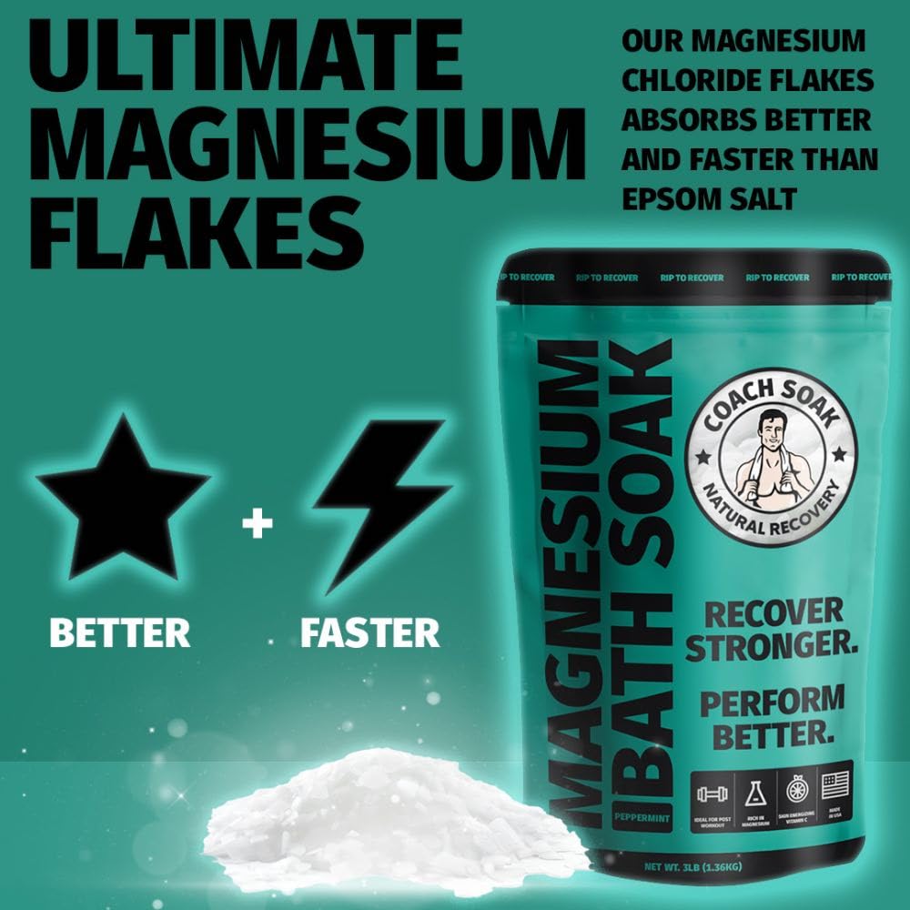 Coach Soak Epsom Salt Bath Soak Alternative - Magnesium Flakes & Mineral Bath Salts with 21 Minerals - Muscle & Joint Support - 3 lb (1 Pack) - Cooling Peppermint