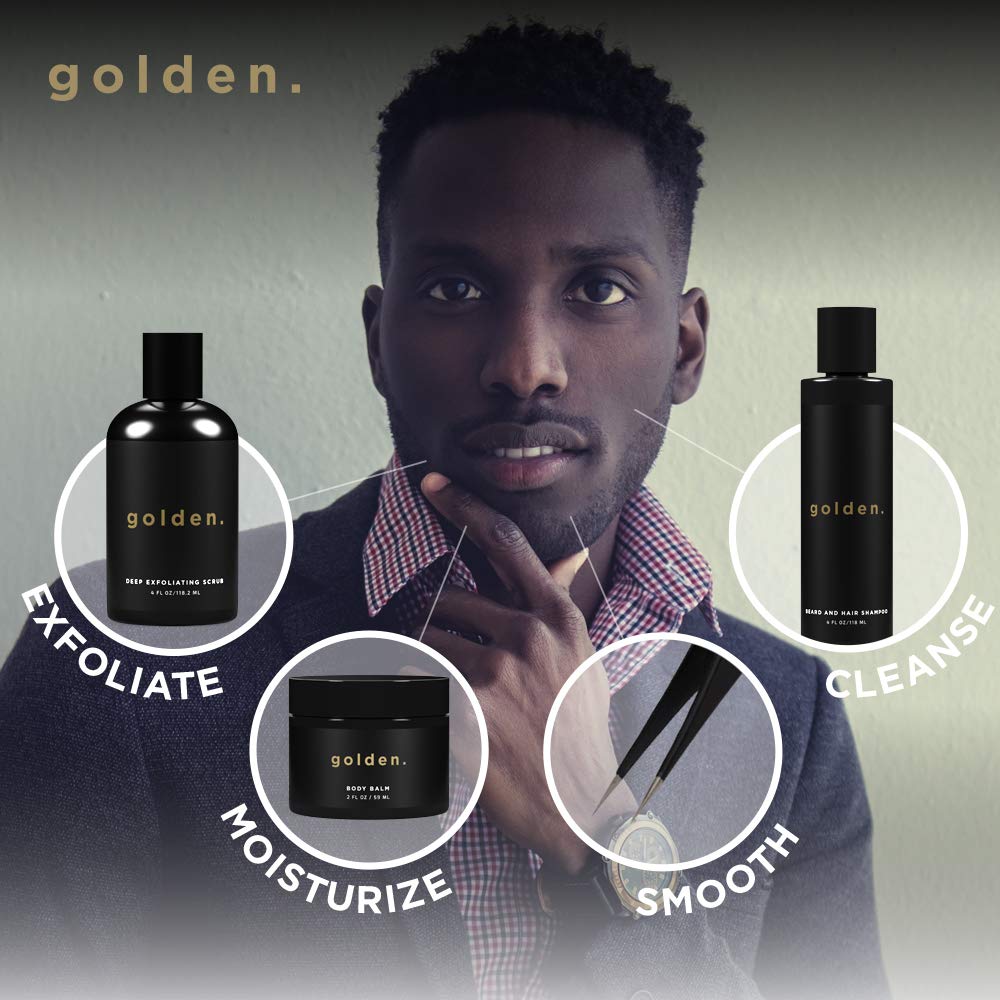 Golden Grooming Co. Bath and Body Skin Care Kit Gift Set for Men - with Deep Exfoliating Scrub, Face Wash, Moisturizer, Body Wash, 2 in 1 Beard and Hair Shampoo, Body Balm,Solid Cologne and Tweezers