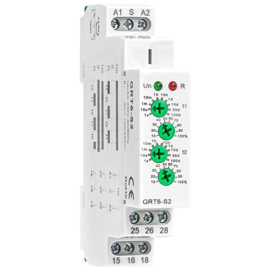 Asymmetric Cycle Timer Relay 2SPDT AC 230V 10A Long or Short Period Repeat Cycle Tntermittent Timer Electronic Relay in Din Rail (GRT6-S2 AC 230V)
