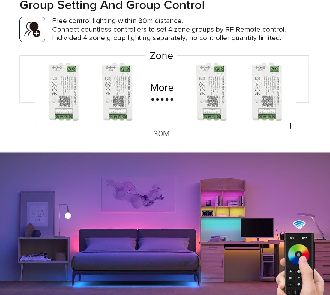 BTF-LIGHTING 2.4GHz Wireless RF Remote RC03RFB &4PCS C04RF Tuya Controller Kit 4 Zones Group Control 5050SMD FCOB COB PWM RGBW (+ R G B W) 5pin LED Strip DC5V DC12V DC24V