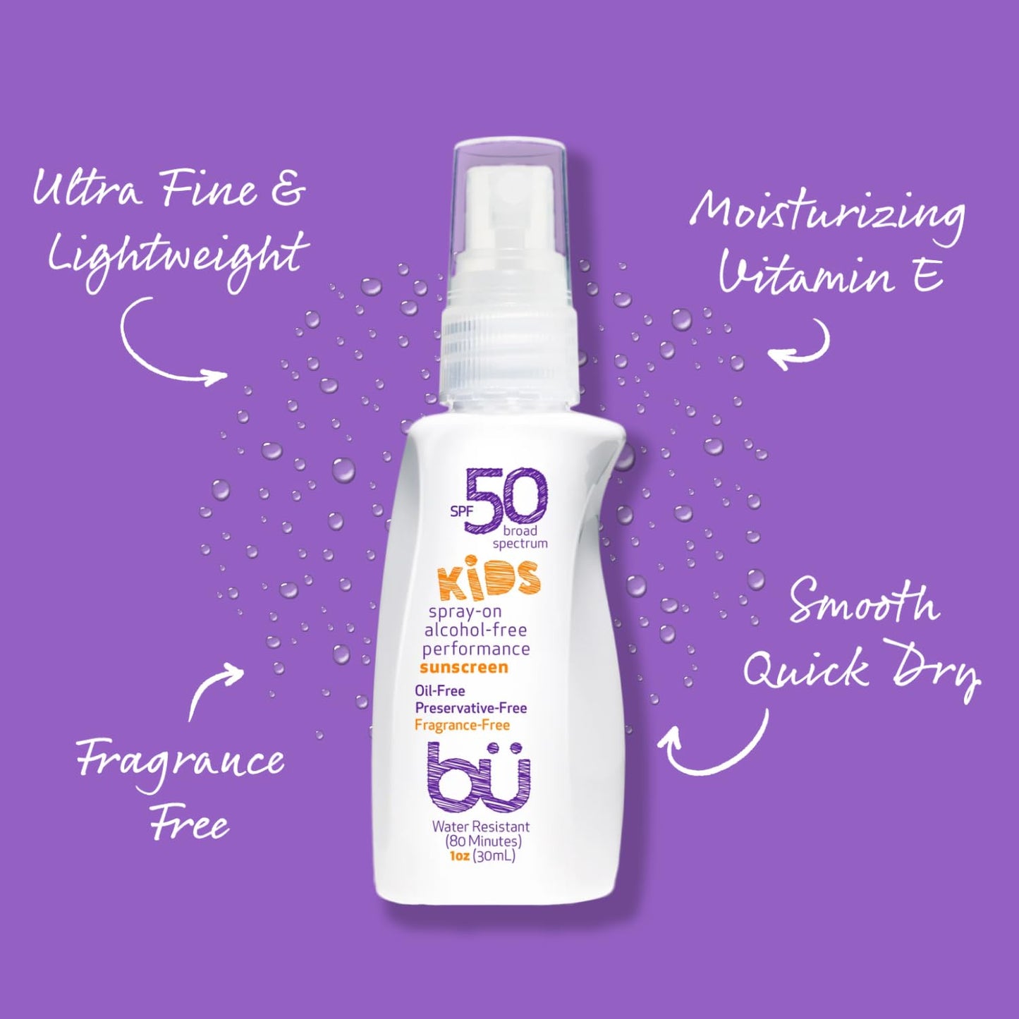 BU SPF 50 Kids Sunscreen Spray for Face and Body, Non Aerosol Spray, Fragrance Free, Clear, Non Greasy, Water Resistant, Fragrance Free 1 oz (3 Pack)