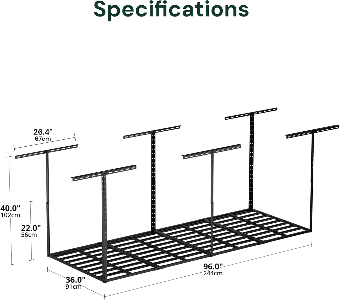 SunsGrove 3x8 Overhead Garage Storage Rack Organization, Adjustable Ceiling Mounted Storage Racks, 800LBS Weight Capacity, 22"-40" Ceiling Dropdown, Hammertone Black