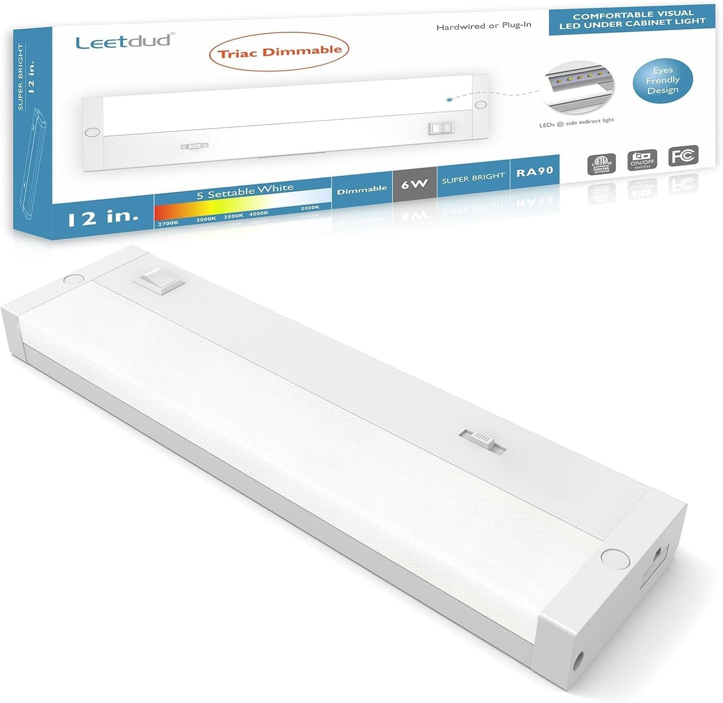 LED Under Cabinet Lighting Hardwired or Plug in, 12 Inch 6W, Dimmable 5 Color 2700K/3000K/3500K/4000K/5000K, Linkable Eyes Care Design Counter Lights for Kitchen, Sink, ETL Listed, White