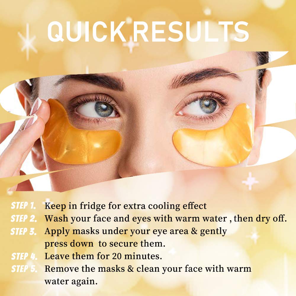 24K Gold Powder Gel Collagen Eye Masks Sheet Patch, Remove Bags,Dark Circles &Puffiness,Reduce Wrinkle,Moisturising,Hydrating for Blackheads (10 Pairs)