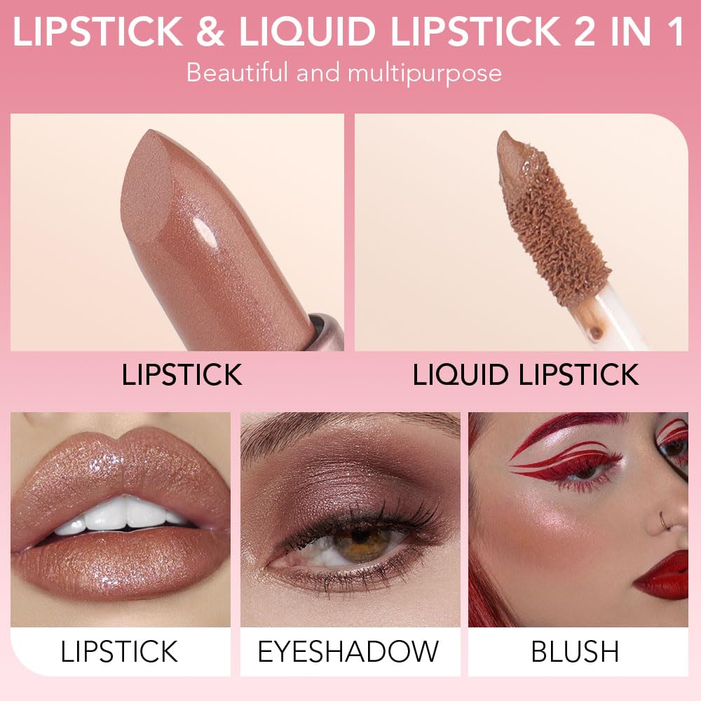 evpct 2 in 1 Nude Brown Glitter Metallic Shimmer Diamond Lipstick and Lip Gloss Set for Women Long Lasting Waterproof, Bronze Gold Sparkle Glitter Shiny Lipstick and Lip Liner Makeup Set, 03#