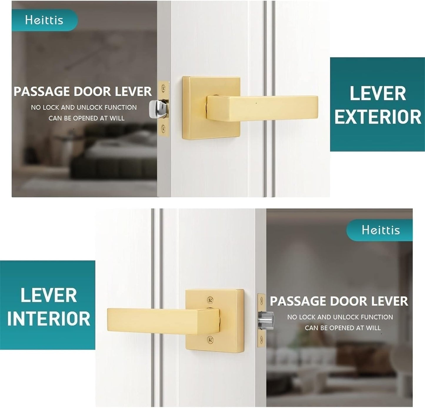4 Pack Passage Heavy Golden Door Handles,Left and Right Hand Universal, Stain Brass Square Door Handle for Corridor/Hall/Closet/Wardrobe,Residential/Commercial