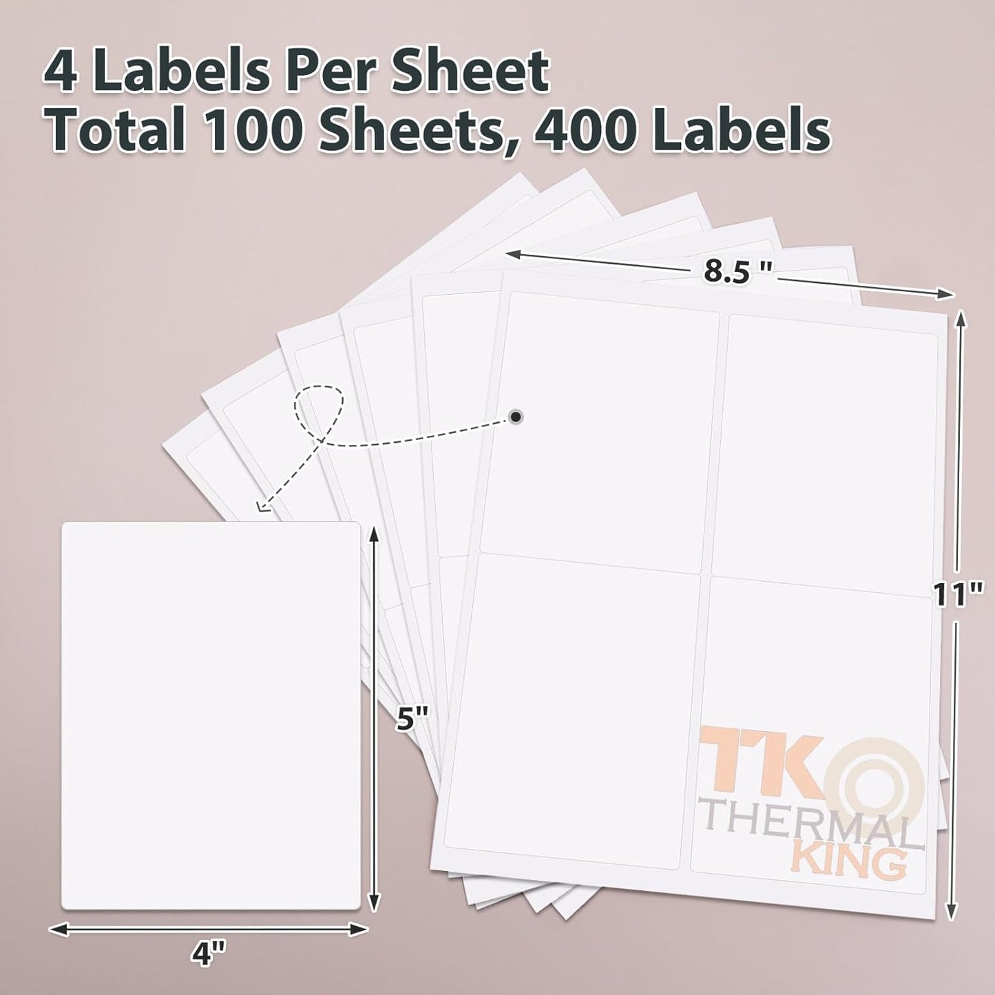 4" x 5" 100 Sheets Permanent Adhesive White Blank Shipping 400 Labels for Laser & Inkjet Printers (4 Labels/Sheet)