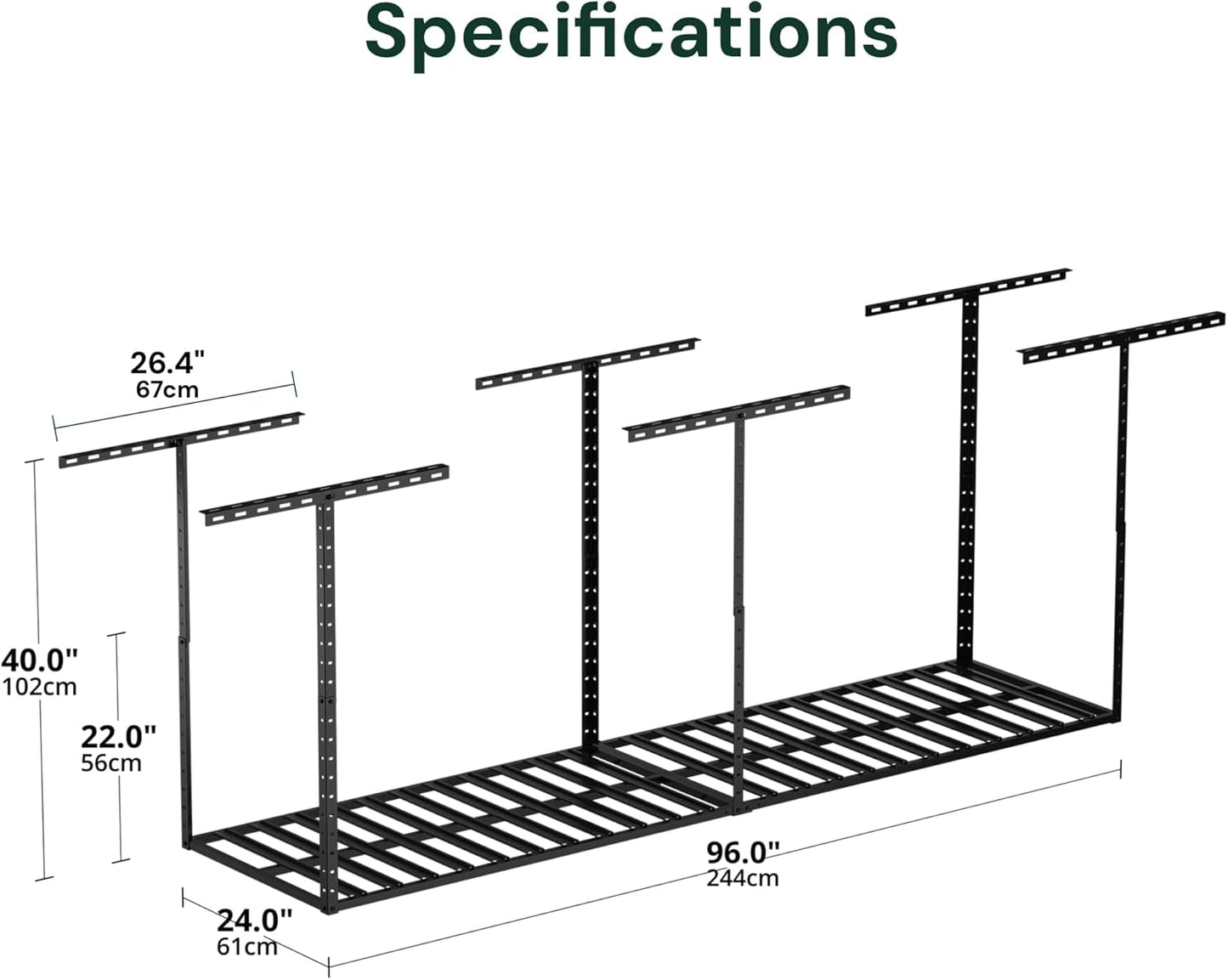 SunsGrove 2x8 Overhead Garage Storage Rack Organization, Adjustable Ceiling Mounted Storage Racks, 800LBS Weight Capacity, 22"-40" Ceiling Dropdown, Hammertone Black