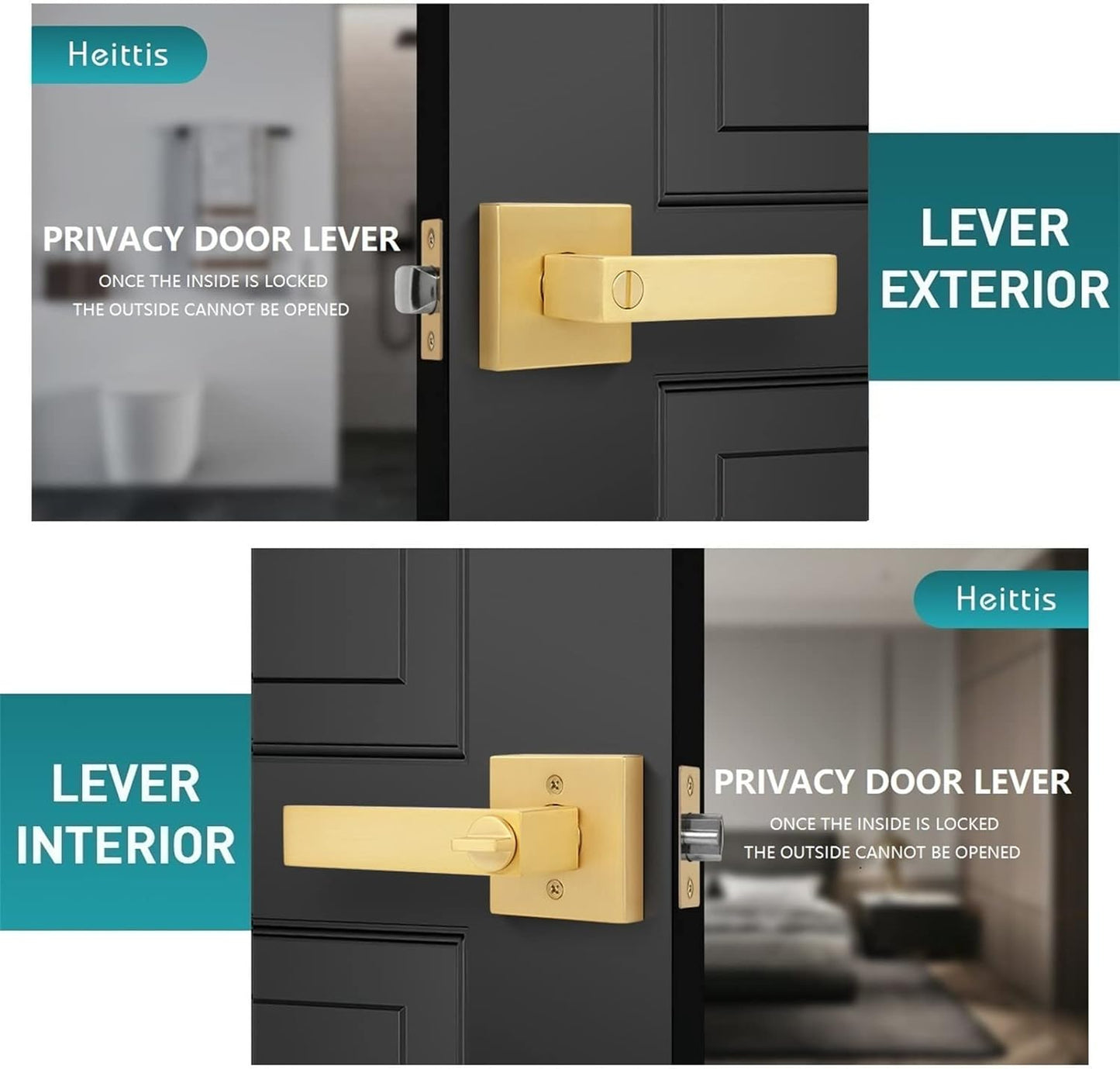 4 Pack Privacy Gold Bathroom Door Locks Square Heavy Duty Door Levers for Bed/Bath Room Interior Door Lock Keyless Door Handle for Left and Right Reversible