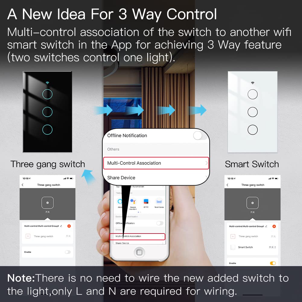 MOES 2.4GHz WiFi Wall Touch Smart Switch Neutral Wire Required, 3 Way Multi-Control, Glass Panel Light Switch Work with Smart Life/Tuya App, RF433 Remote Control, Alexa and Google Home Black 3 Gang