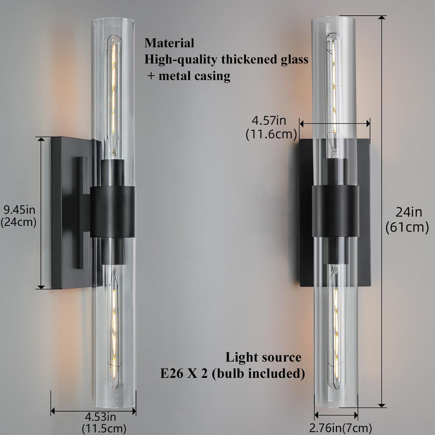 2-Light Matte Black Bathroom Light Fixtures with Glass Shades,Modern Wall Sconce for Bedroom Bath Mirror Lights.