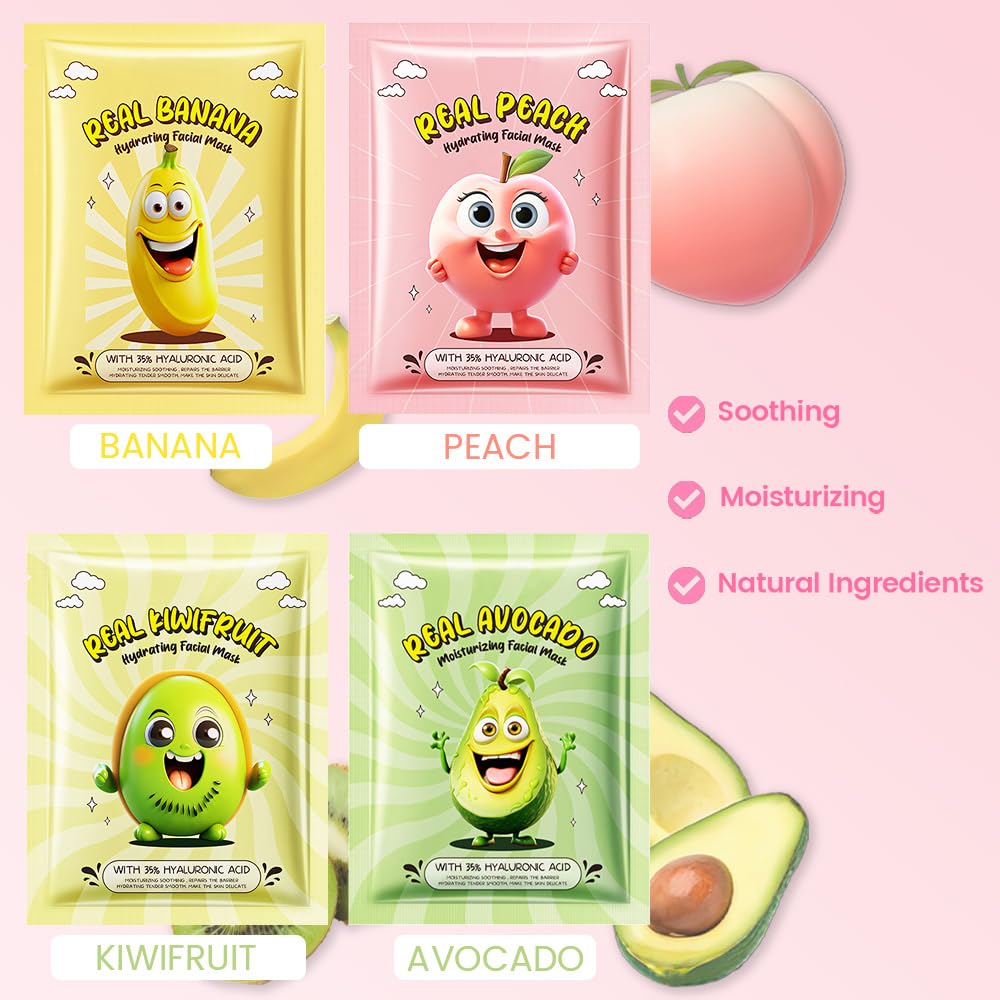12 Pack Fruit Kids Face Mask,Pink Face Masks Skincare Spa Day Kit Supplies,Spa Party Favors for Teens Girls Women,Sheet Facial Mask Skincare Gifts Set,Moisturize Soothe for All Skin Types