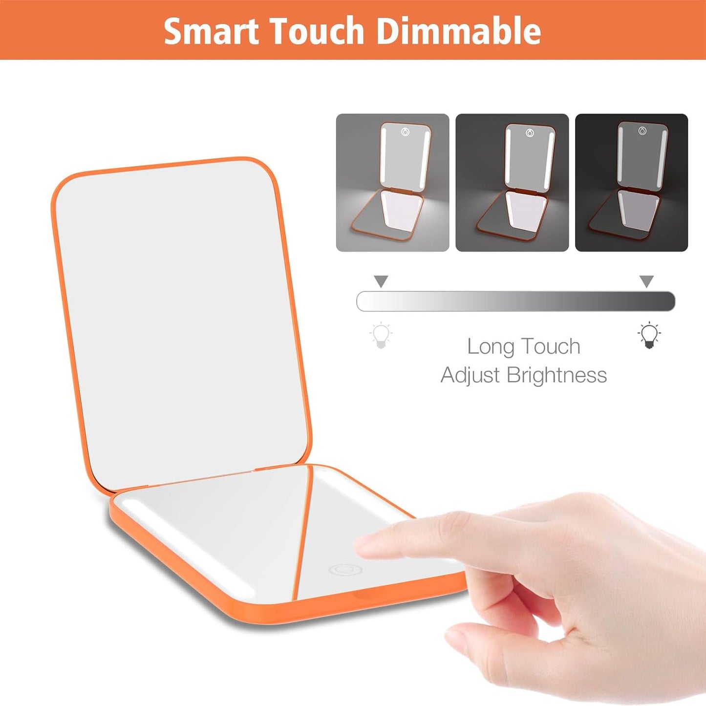 Kintion Rechargeable Pocket Mirror, Double Sided 1X/3X Magnification Compact Vanity Mirror, 3 Color Lights, Dimmable, Small Portable Wallet Mirror, Lighted Travel Mirror for Women Gifts, Orange