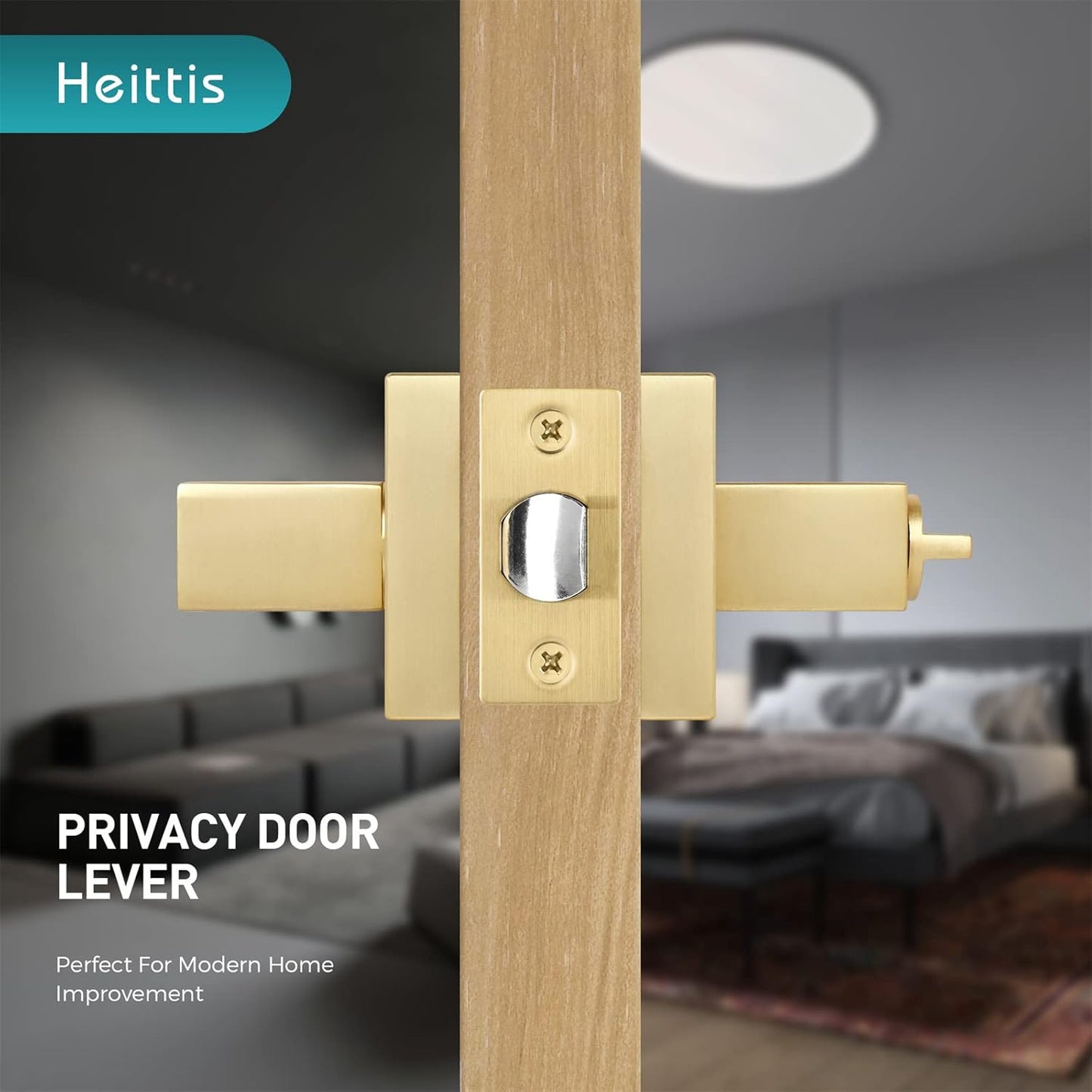 3 Pack Privacy Gold Door Knob Keyless Square Heavy Door Levers, Bed/Bathroom Door Handle Exterior Doorknob with Button for Bedroom or Bathroom
