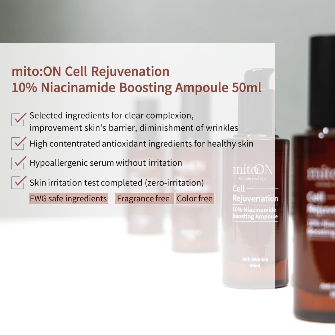 Mito-on Cell Rejuvenation Anti-Aging Serum, 50ml / 1.69 fl.oz –10% Niacinamide, Vitamin B3 and Antioxidants, Centella + EGF for Anti-Aging, Wrinkle Reduction, Pore minimization, Korean Skin Care